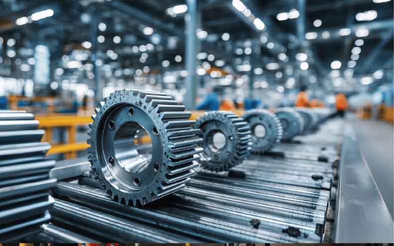 Precision gears moving along an industrial production line